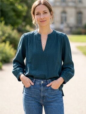BNWT Trovata Dark Teal Gingham Collarless Blouse Medium $288
